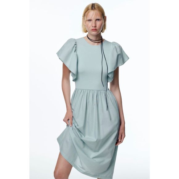 Zara Ruffled Sleeve Dress Light Green - Picture 2 of 6
